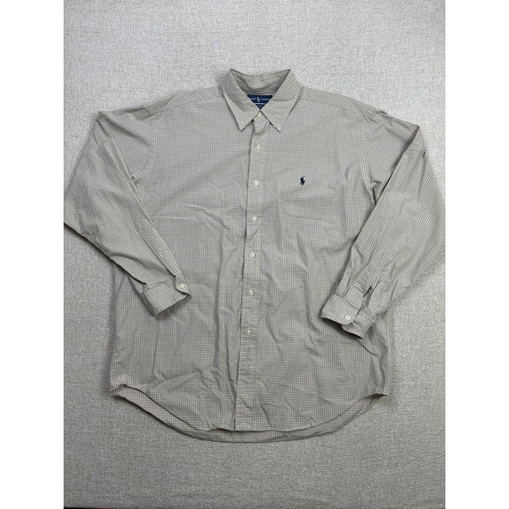 Ralph Lauren Blake Men Large Button Down Shirt Tan Blue Micro Check 2-Ply Cotton